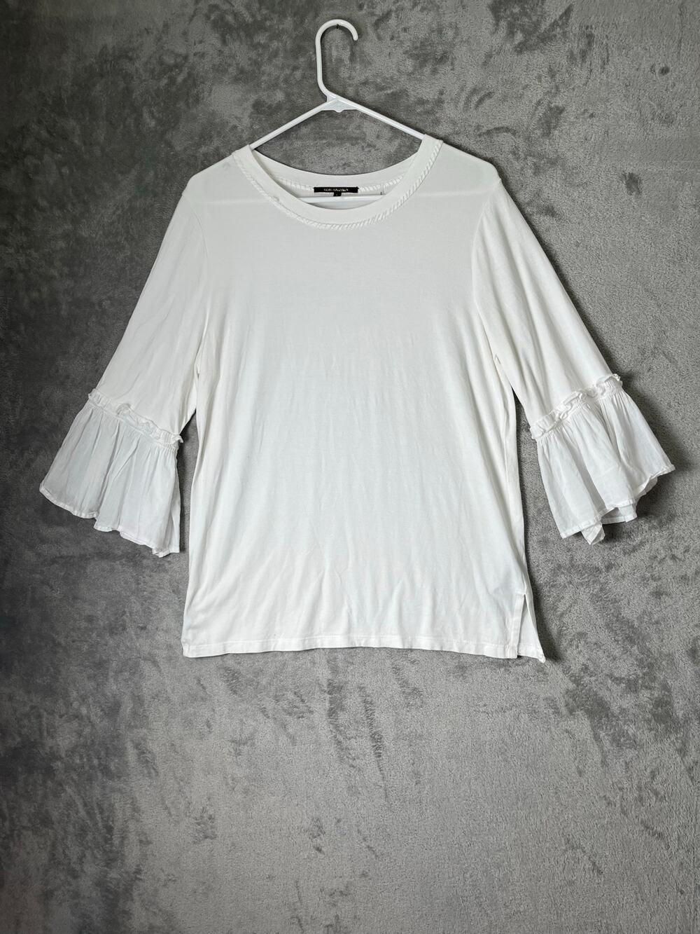 Kobi Halperin White 3/4 Flounce Ruffle Bell Sleeve Crewneck Pullover Blouse S